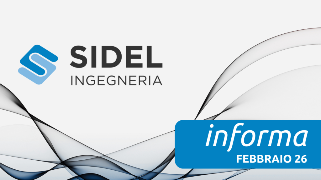 Logo di Sidel Ingegneria su sfondo bianco con eleganti linee astratte fluide di colore scuro. In basso a destra, un riquadro blu contiene la scritta bianca